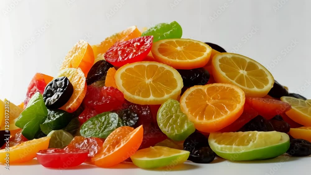 A vibrant collection of dried fruits sprawled out, highlighting their rich colors and textures, perfect for snacking or baking