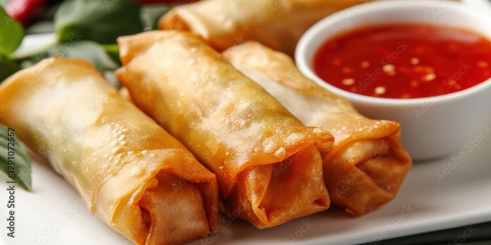 Chinese Spring Rolls with Sweet and Sour Sauce on a white platter Chinese Spring Rolls with Sweet and Sour Sauce on a white platter