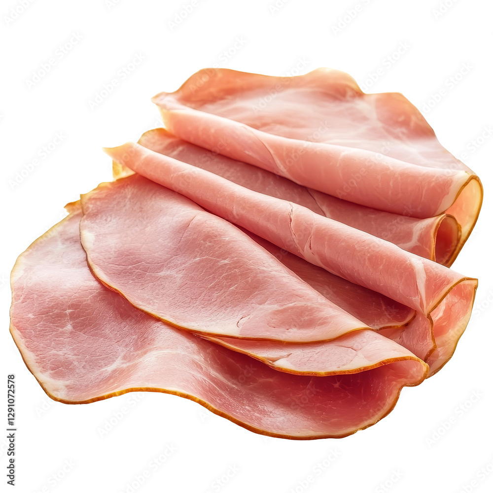 Sliced ham arranged neatly on a clean transparent background for culinary presentation or food photography purposes, Sliced ham isolated on transparent background Sliced ham arranged neatly on a clean transparent background for culinary presentation or food photography purposes, Sliced ham isolated on transparent background