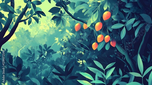 Painting of a forest with a tree full of oranges hanging from its branches. The painting has a serene and peaceful mood, with the oranges adding a pop of color to the lush green foliage