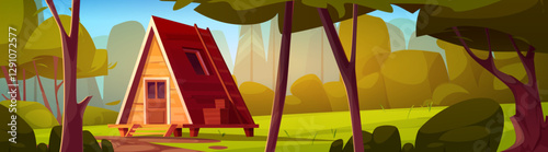 Log cabin in forest landscape with green meadow and tall trees. Wooden triangular house surrounded by lush woodland scenery. Cartoon tranquil wilderness setting with outdoor adventure camping.