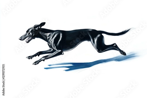 Dynamic black dog running across a white background, capturing motion and energy, ideal for animal lovers and pet related themes