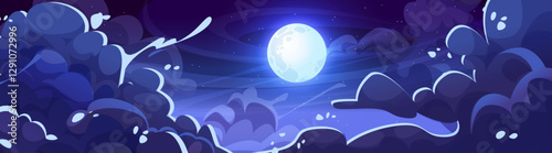 Anime styled night sky panorama with glowing full moon in deep blue cosmos. Midnight clouds of wavy patterns around shining celestial sphere in starlit darkness. Midnight game header or dusk scene.