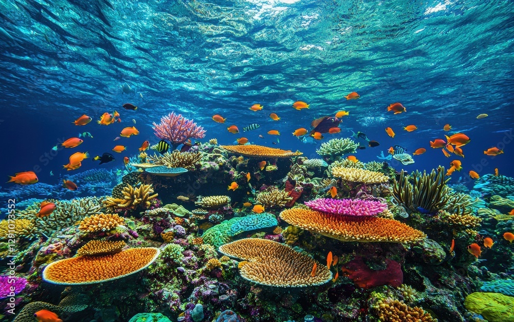 Naklejka premium Colorful coral reef teeming with exotic marine life and crystal-clear water