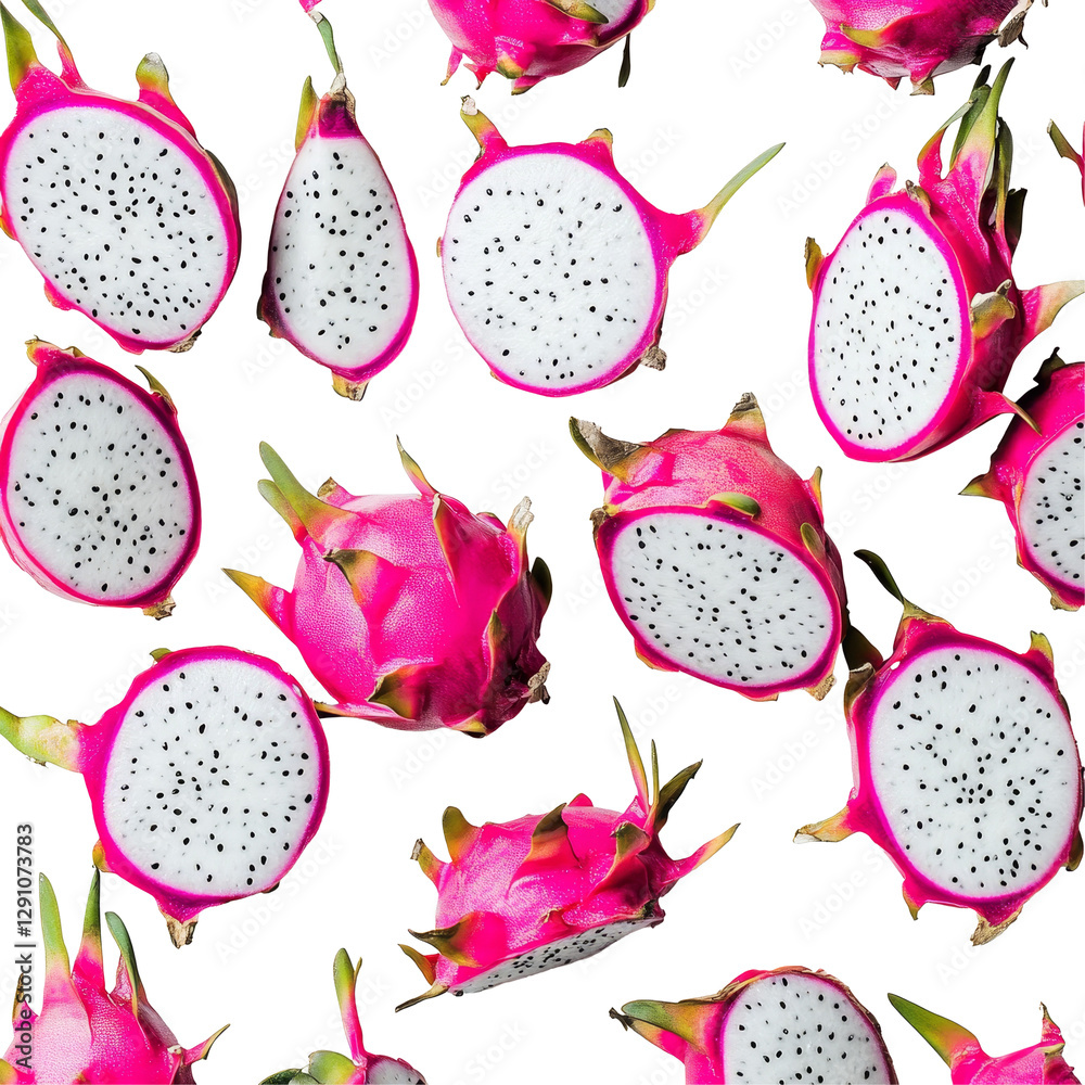 Vibrant dragon fruit slices arranged on a clean transparent background showcasing their unique texture and color contrast, dragon fruit on transparent background Vibrant dragon fruit slices arranged on a clean transparent background showcasing their unique texture and color contrast, dragon fruit on transparent background