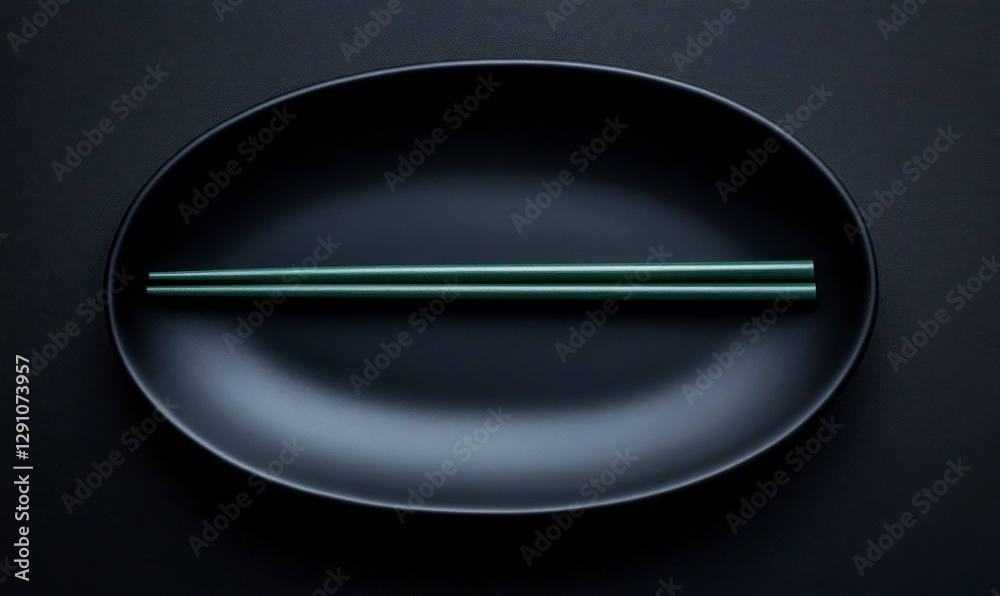 Black oval plate with green chopsticks on a dark background, top view. Minimalist Japanese-style concept of a table setting for food presentation or mock-up design.