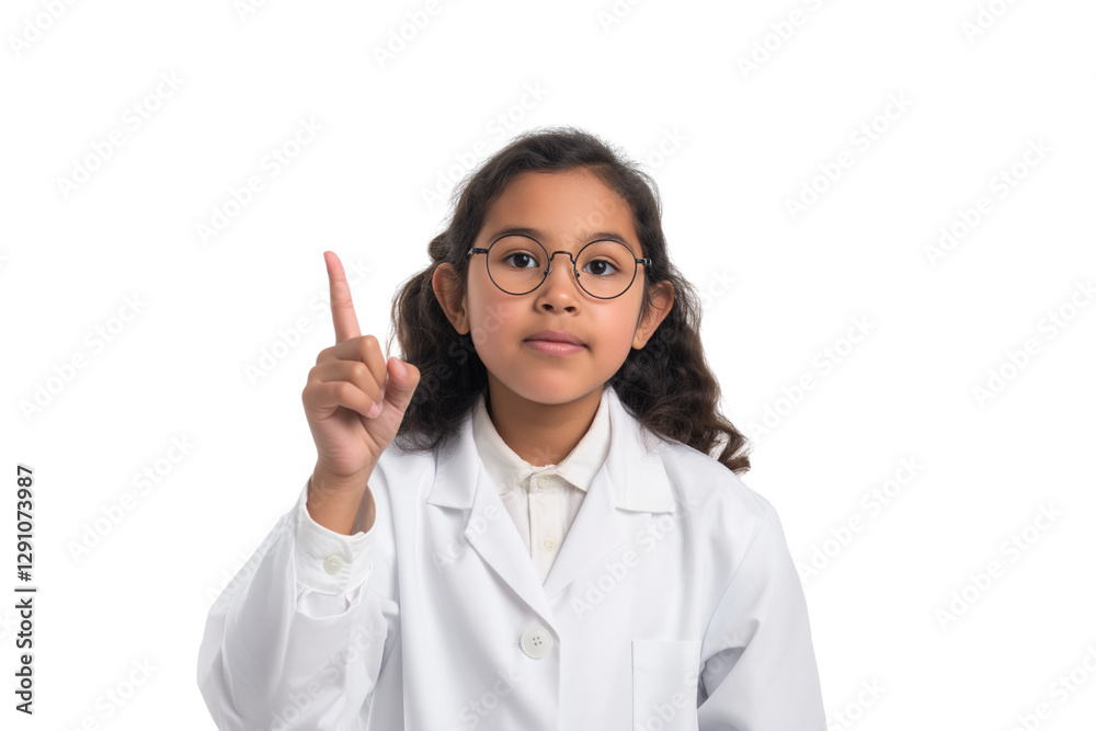 Serious young Indigenous girl scientist in lab coat pointing up isolated on transparent white background Serious young Indigenous girl scientist in lab coat pointing up isolated on transparent white background