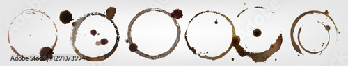 Coffee cup mark and stains set isolated on white background. Vector realistic illustration of abstract wet brown ring, tea mug splash on paper or table, blank post stamp mockup, ink or paint trace