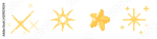 Yellow pixel stars set isolated on white background. Vector cartoon illustration of old 8bit software icon, retro messenger emoji, 80s style arcade game design elements, firework sparkles, boom effect