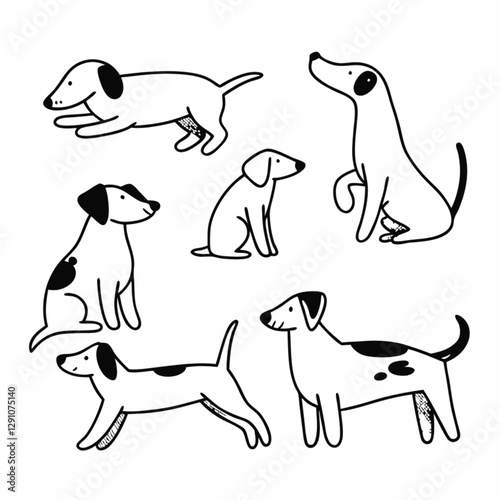 Minimalist dog sketches, black and white line drawings, simple canine outlines, various dog poses, playful dog illustrations, sparse artistic style, clean graphic design, hand-drawn dog silhouettes