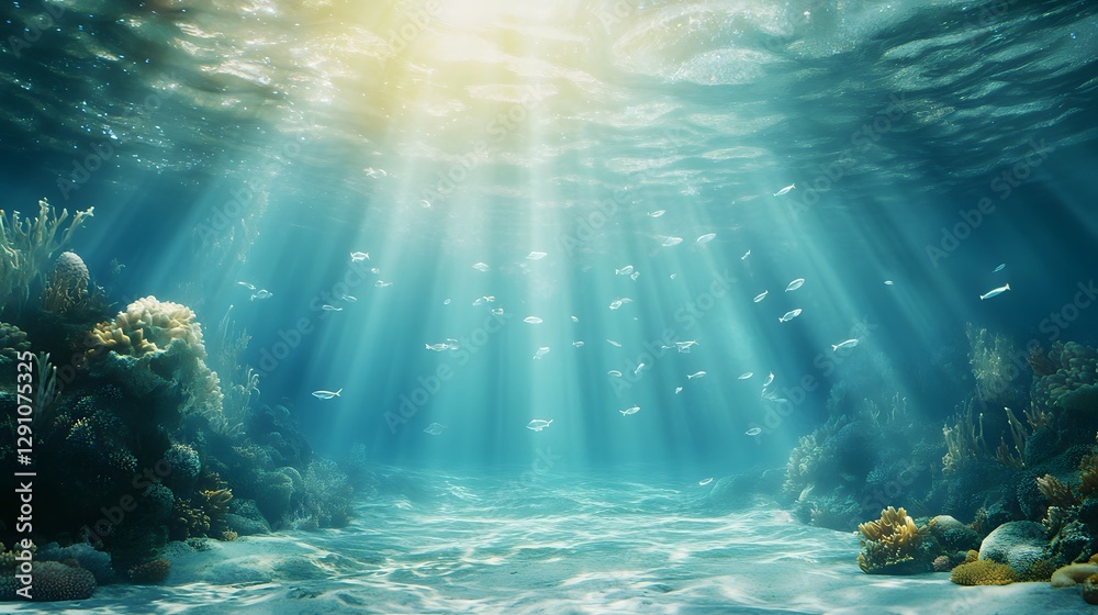 Fototapeta premium Beautiful underwater scene with a lot of fish swimming around. The sunlight is shining through the water, creating a serene and peaceful atmosphere
