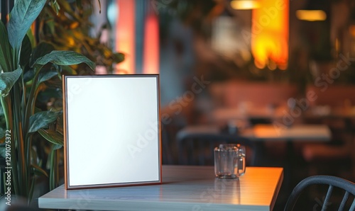 Wallpaper Mural White blank poster frame in front of a blurred restaurant background with copy space for a promotional or social media post, with a blurred orange and pink color palette Torontodigital.ca