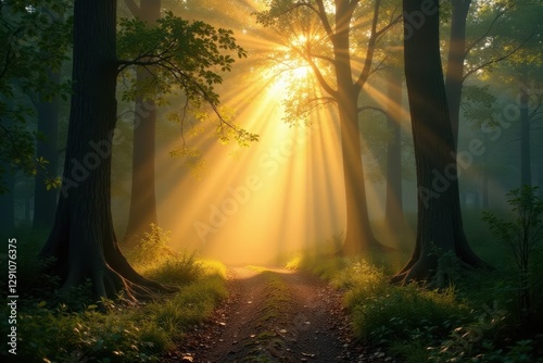 Golden light shafts illuminate foggy woods, dappled shadows , foliage, light, trees