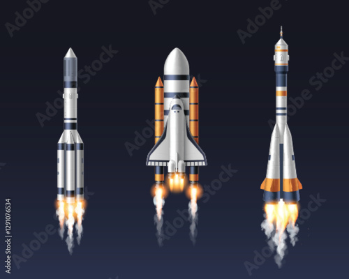 Space shuttle and rocket realistic vector illustration set. Detailed 3D spaceships with fiery boosters, launch vehicles for cosmic missions and exploration. Spacecraft collection on dark background.