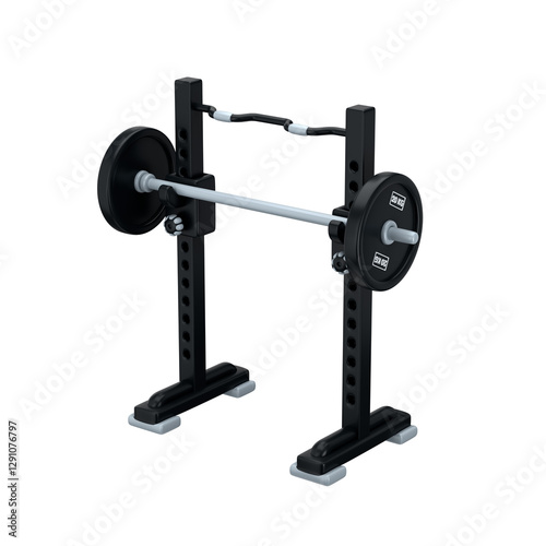 Stylized squat rack with barbell and plates over white background, 3d illustration
