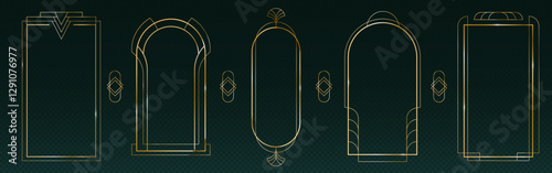Great Gatsby deco frame collection with golden outlines on dark background. Elegant geometric borders of arches, fan motifs and diamond ornaments. Art decorative elements for invitations design.