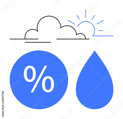 Cloud and sun in top half with blue percentage circle and blue water droplet below. Ideal for weather forecasts, climate awareness, humidity levels, meteorology, environment studies, water cycle