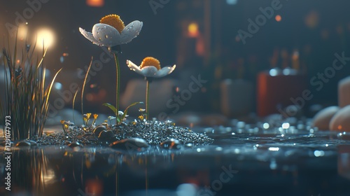 Two White Flowers in a Dark Night Scene with Water Reflections photo