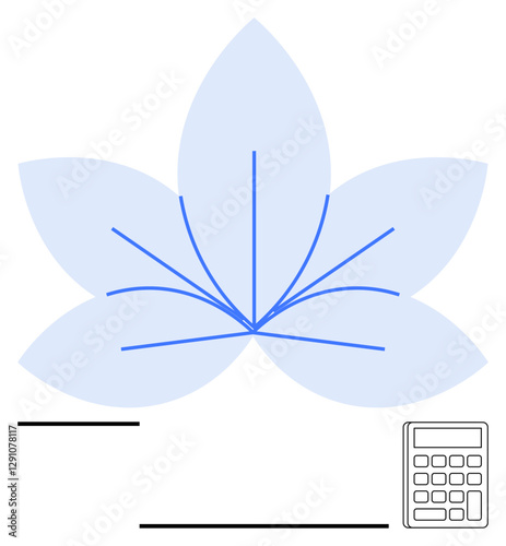 Blue leaf design with branching lines, accompanied by a calculator, symbolizes growth, calculation, and planning. Ideal for finance, sustainability, ecology, balance strategy analytics abstract