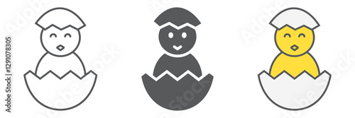 Chick peeking out off egg icon collection, easter and holiday, chick in egg icon set, vector graphics, a linear pattern on a white background, eps 10