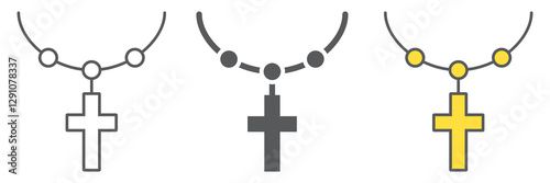 Rosary catholic faith icon collection, religion and prayer, necklace with cross icon set, vector graphics, a linear pattern on a white background, eps 10