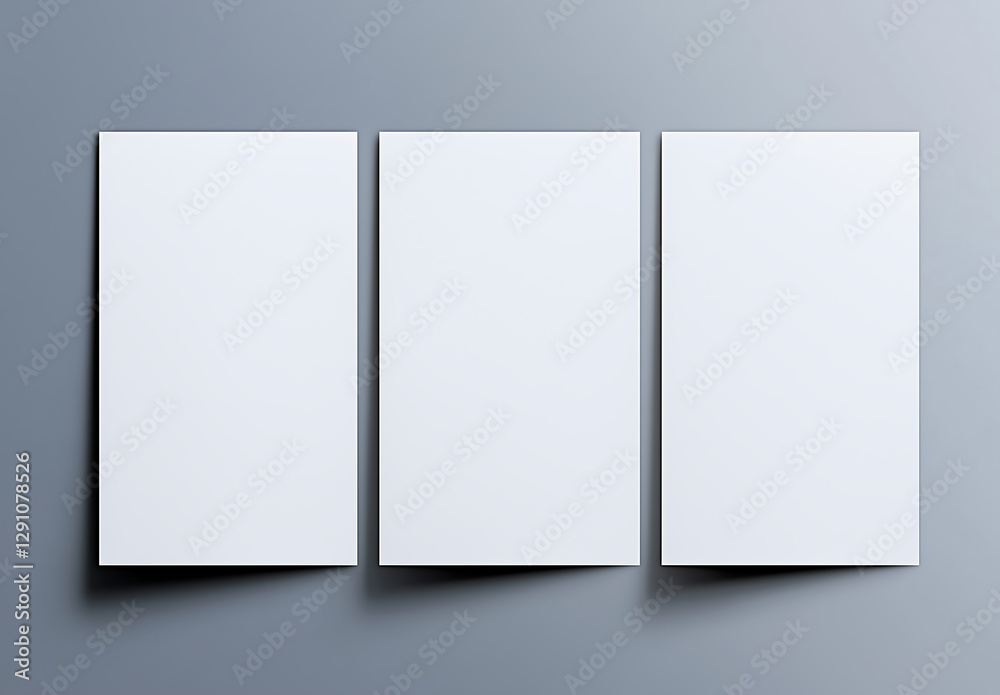 Three empty poster mock-up frames on a clean grey wall, modern minimalist interior design with blank wall art for advertising or branding display Three empty poster mock-up frames on a clean grey wall, modern minimalist interior design with blank wall art for advertising or branding display
