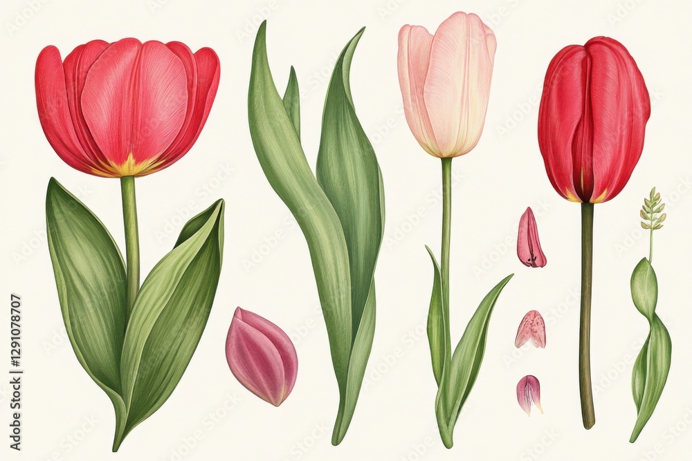 Obraz premium Illustration of various parts of Tulipa plant showcasing blooms, leaves, and petals in detailed arrangement