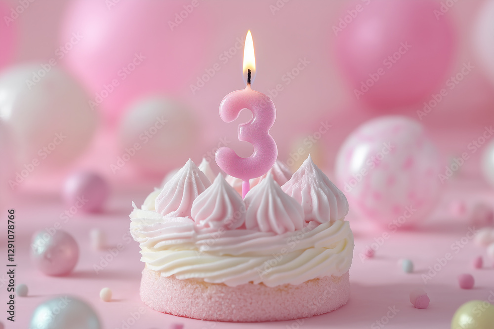 Lit candle in shape of number 3 on delicious happy birthday cake dessert close up detail against pastel pink background. Lit candle in shape of number 3 on delicious happy birthday cake dessert close up detail against pastel pink background.