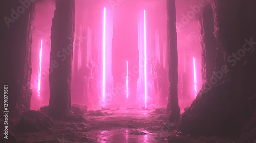 Pink Neon Lights in Dark Ruined Columns Digital Art
