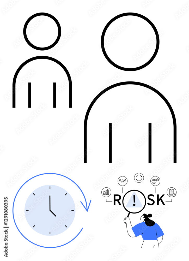 Two abstract human figures, a clock with an arrow symbolizing time, and a magnifying glass highlighting risk factors. Ideal for productivity, management, teamwork, decision-making, risk Two abstract human figures, a clock with an arrow symbolizing time, and a magnifying glass highlighting risk factors. Ideal for productivity, management, teamwork, decision-making, risk