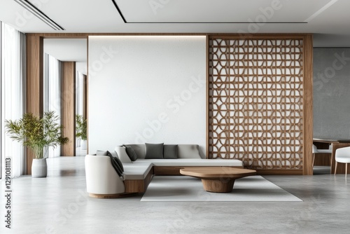 Modern light-filled living room with wooden screen