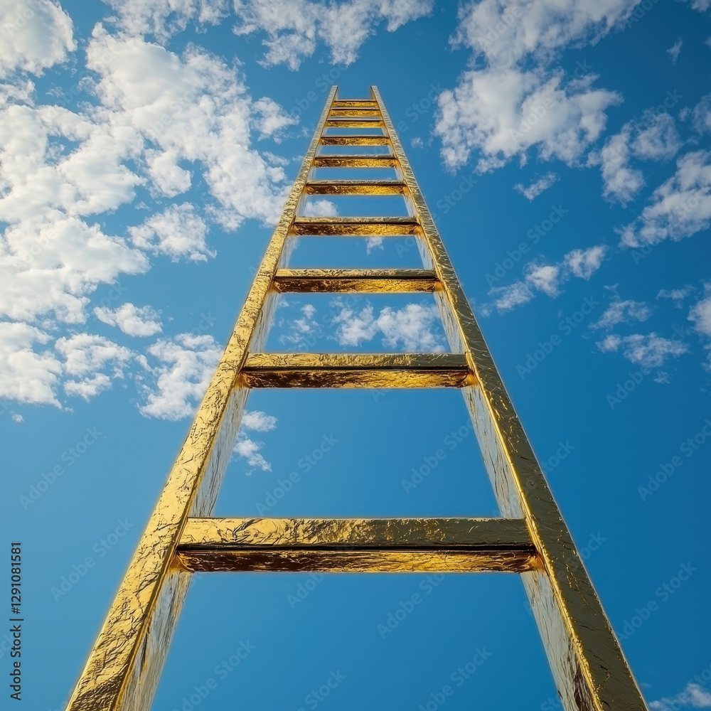 Surreal golden ladder reaching into the sky with an individual climbing towards their dreams and aspirations enfolded in determination and success Surreal golden ladder reaching into the sky with an individual climbing towards their dreams and aspirations enfolded in determination and success