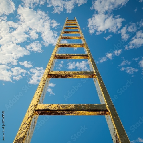 Surreal golden ladder reaching into the sky with an individual climbing towards their dreams and aspirations enfolded in determination and success photo