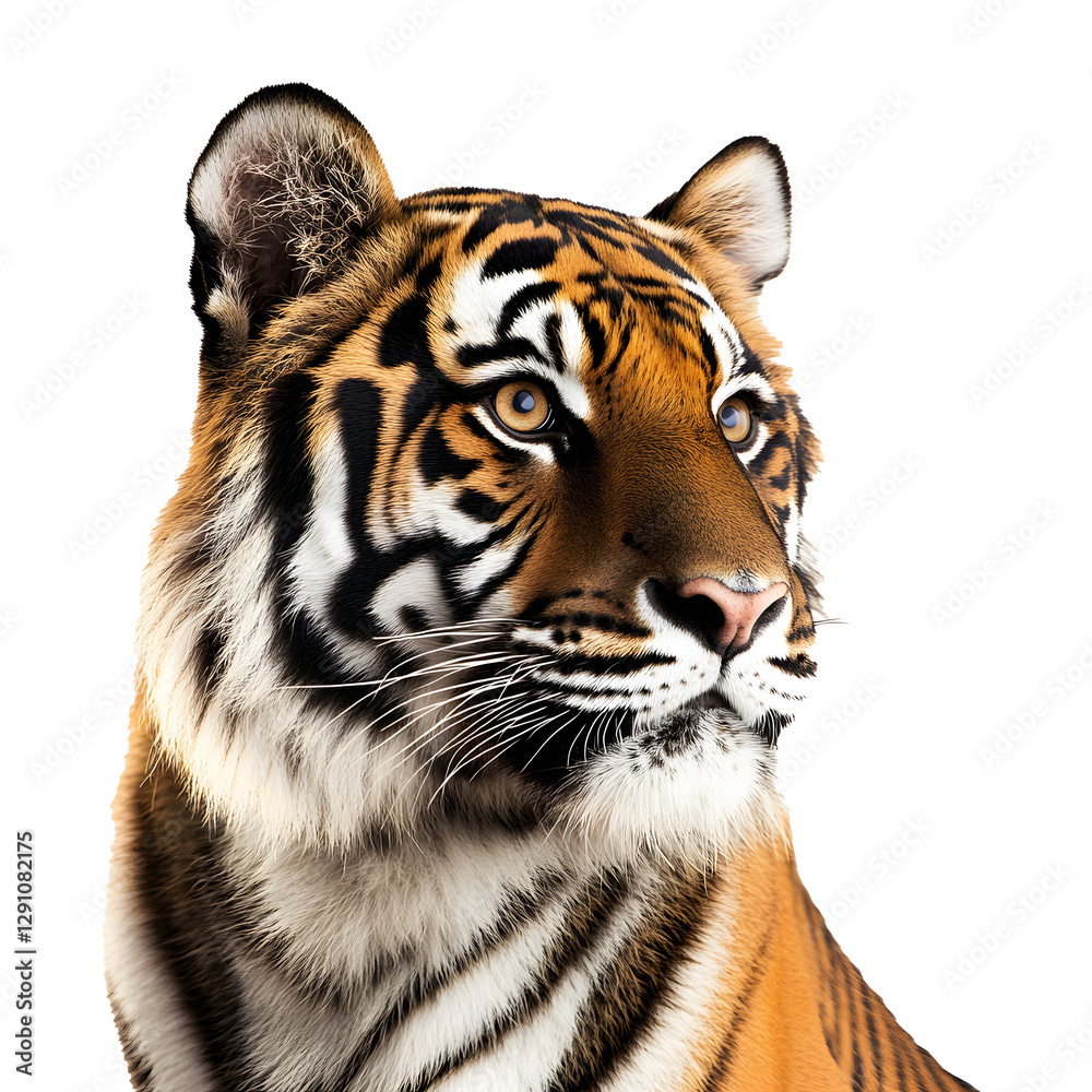Obraz premium Magnificent tiger portrait against a white background, showcasing vibrant colors and striking features.