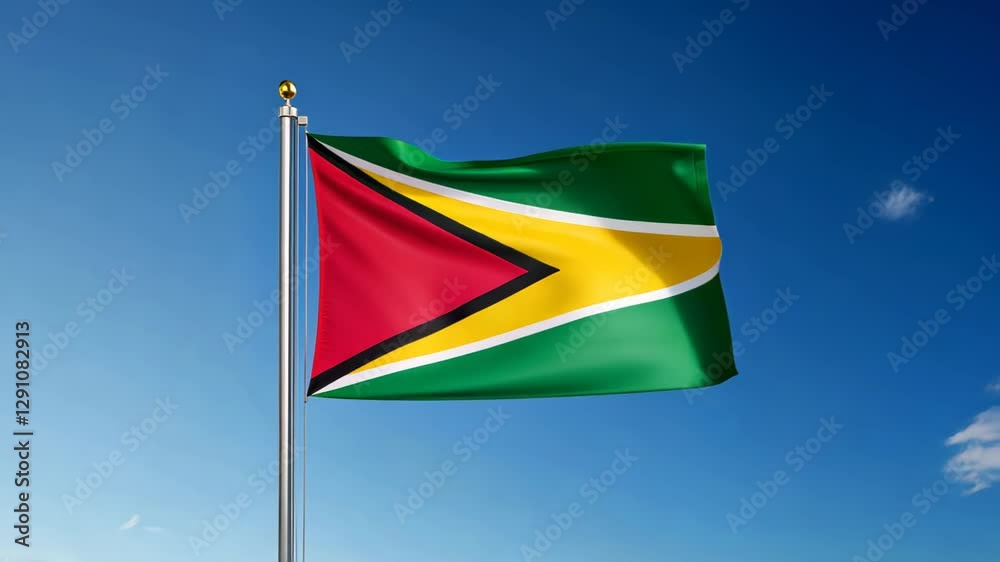 National flag of guyana waving on blue sky, banner on the wind