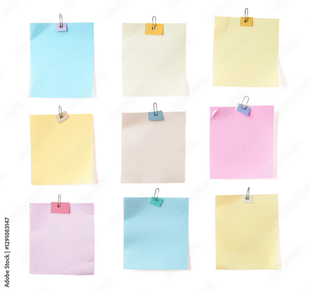 A collection of various blank paper notes isolated on a white background, with different sizes and textures. The papers have pins stuck to them for adding text or images. A collection of various blank paper notes isolated on a white background, with different sizes and textures. The papers have pins stuck to them for adding text or images.