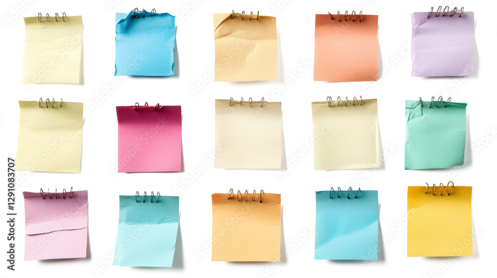 A collection of various blank paper notes isolated on a white background, with different sizes and textures. The papers have pins stuck to them for adding text or images. A collection of various blank paper notes isolated on a white background, with different sizes and textures. The papers have pins stuck to them for adding text or images.