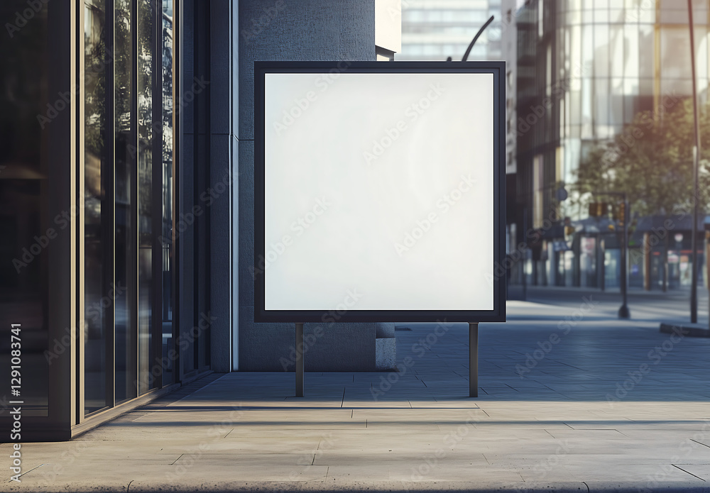 Fototapeta premium Outdoor advertisement billboard mockup placed on a sidewalk in a busy commercial area with glass storefronts and reflections