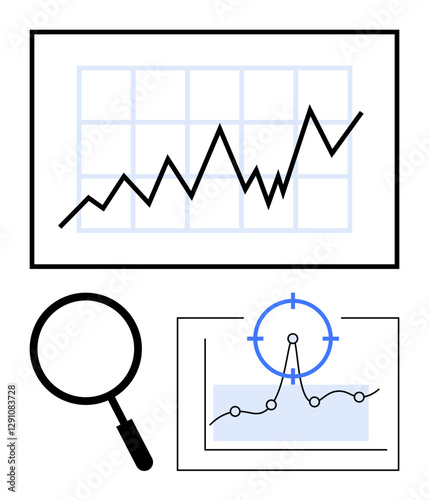 Growth line chart, magnifying glass, and focus target circle highlight concepts of analysis, precision, and strategy. Ideal for business, marketing, research, data trends finance strategy abstract