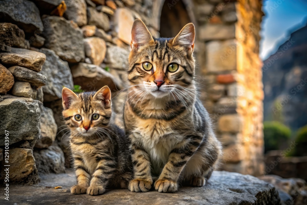 Fototapeta premium Ancient ruins become a stage for a breathtaking portrait: a European wildcat mother and her kitten.