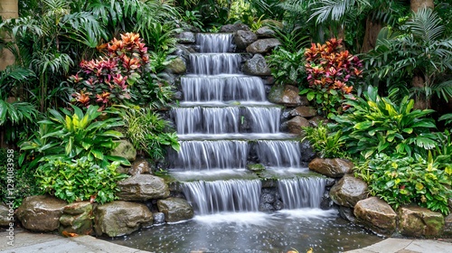 Serene Cascading Waterfall in Lush Tropical Garden