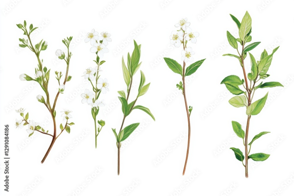 Fototapeta premium Illustration of various parts of Spiraea plant showing flowers, leaves, and stems in detail