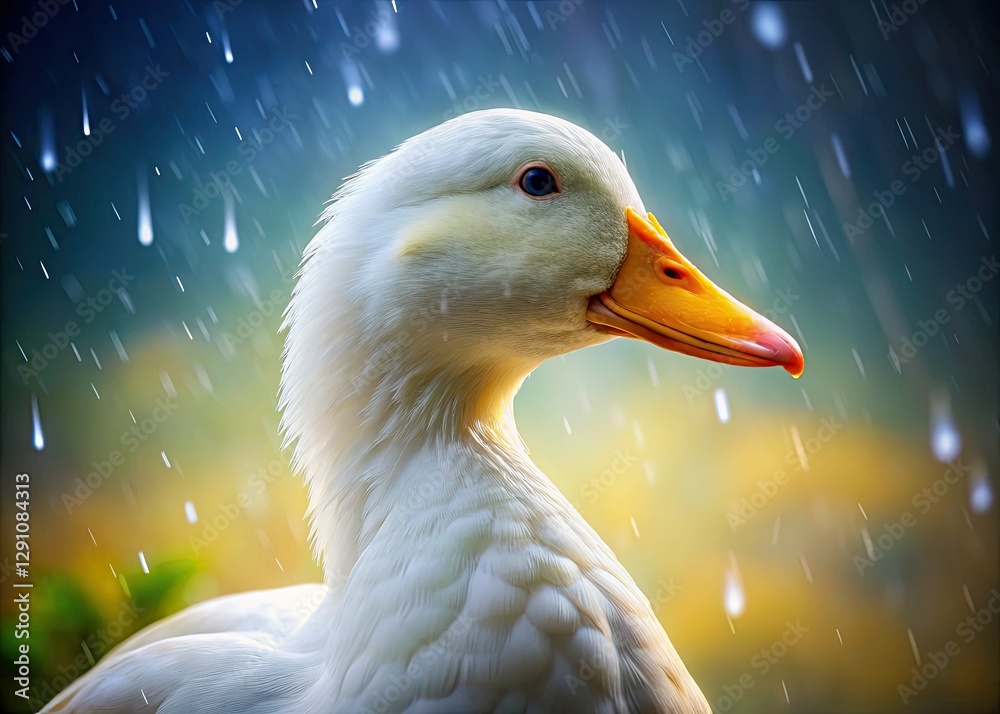 A pristine white duck, regal and unyielding, beautifully photographed during a powerful rainstorm.