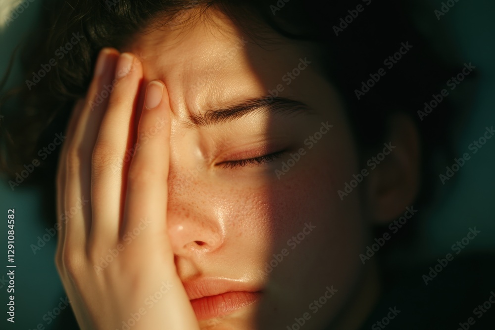 Pensive Woman with Hand on Forehead Pensive Woman with Hand on Forehead