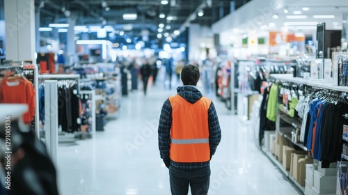 Thief alert in a department store, employee noticing suspicious activity. Featuring quick response and merchandise security