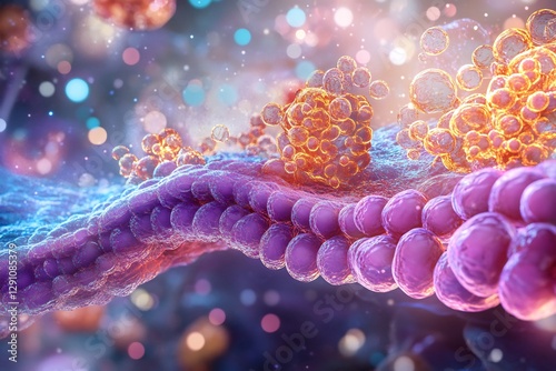 Vibrant scene of ATP transferring energy bustling cellular environment dynamic rendering of interaction glowing molecular flow high fidelity design cinematic lighting proportional element intricate
