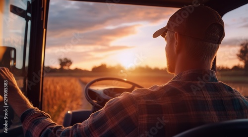 Farmer driving tractor at sunset in rural landscape