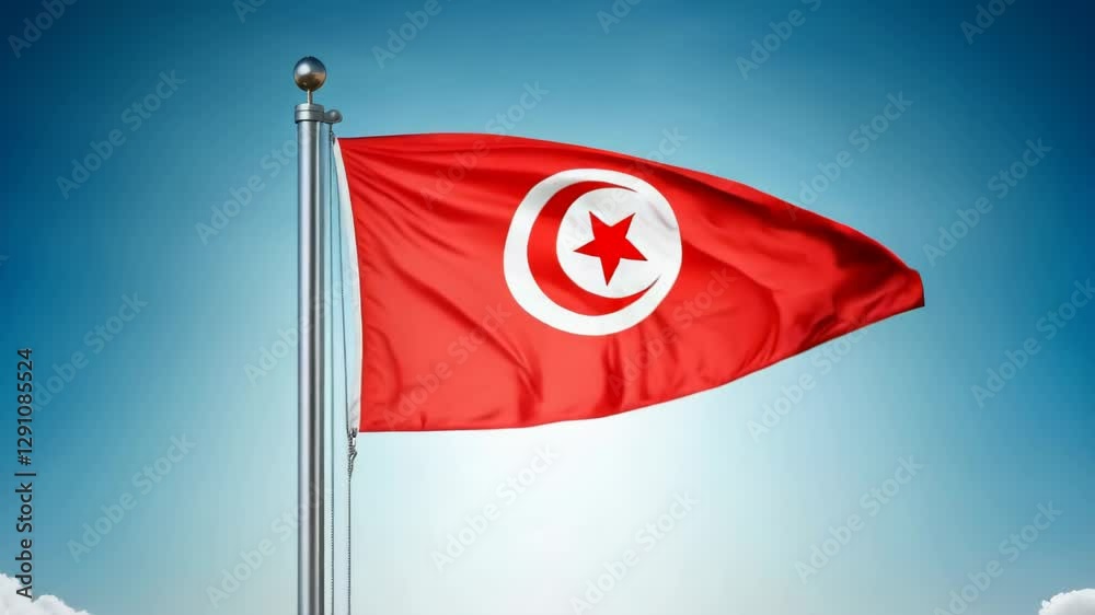National flag of tunisia waving on blue sky, banner on the wind