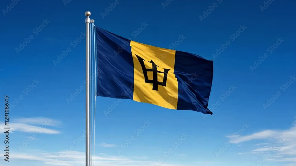 National flag of barbados waving on blue sky, banner on the wind