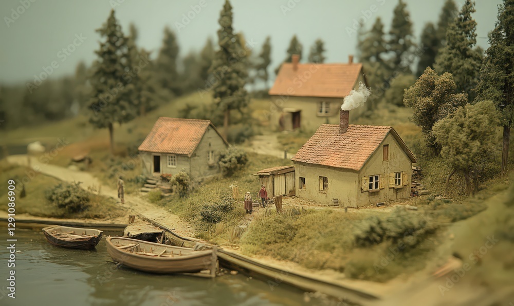 Obraz premium Miniature Village Model Rustic Houses and Canal Boats in Soft Lighting